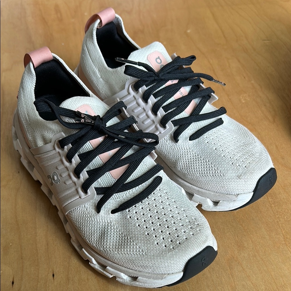 On Running Cream and Black Athletic Shoes with Breathable Mesh